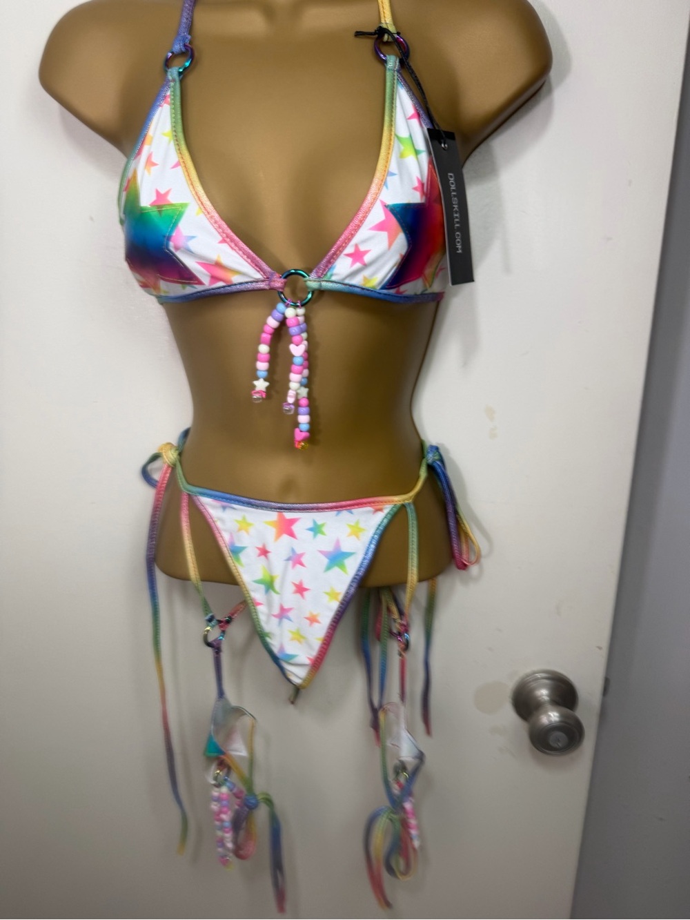 Club Exx Kaleidoscope Rainbow Star Print Beaded Festival Tie Bikini Set NWT S